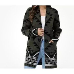 Frye Womens The Cozy Cardigan Green Navajo Tribal Western Pockets Knit Med Long